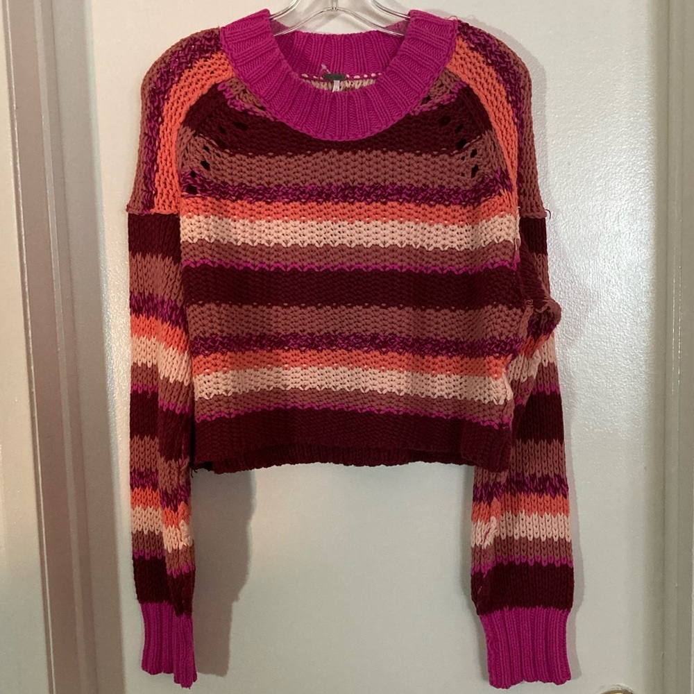NWT Free People Devon Sweater Crop Sweater Fuchsia Rose Color Combo Medium NWT
